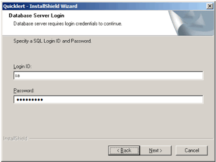 SQL 'Login ID' and 'Password' screen